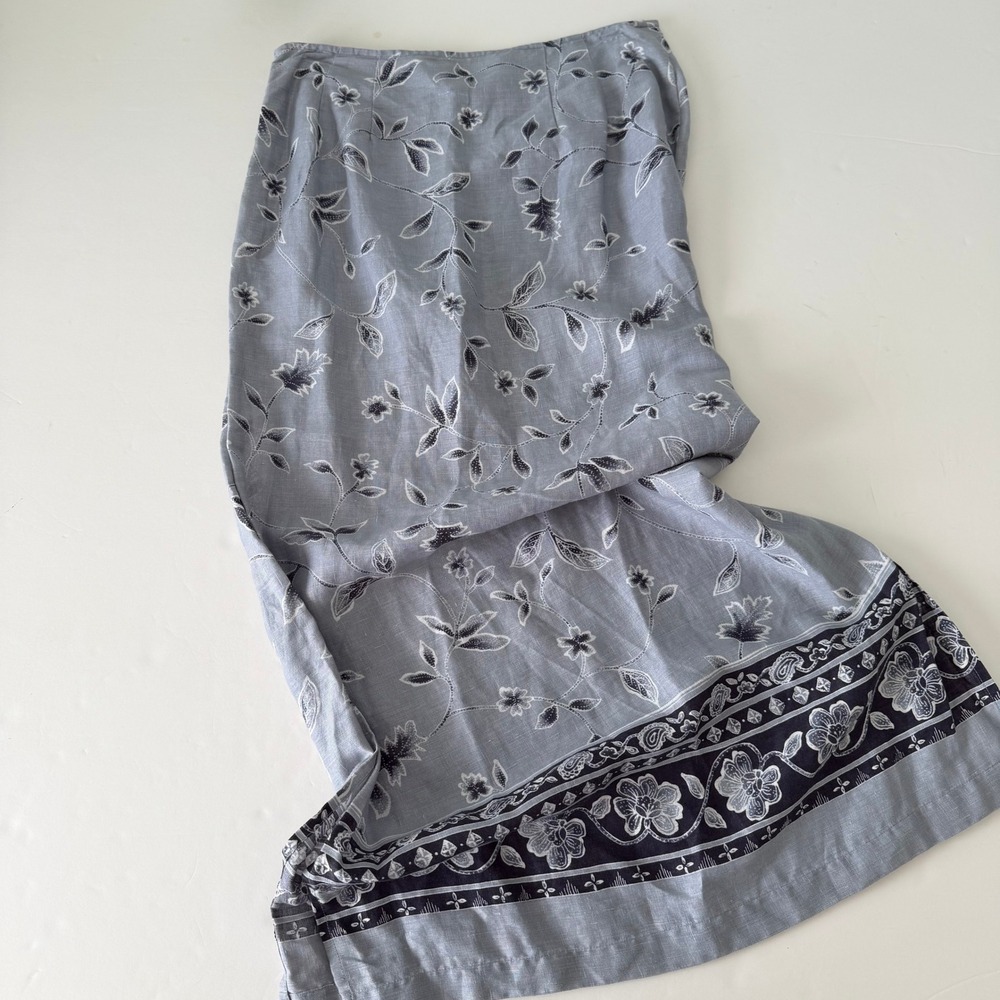 Ann Taylor Blue Floral Linen Maxi Skirt Size 10 Paisley Border Side Slit
